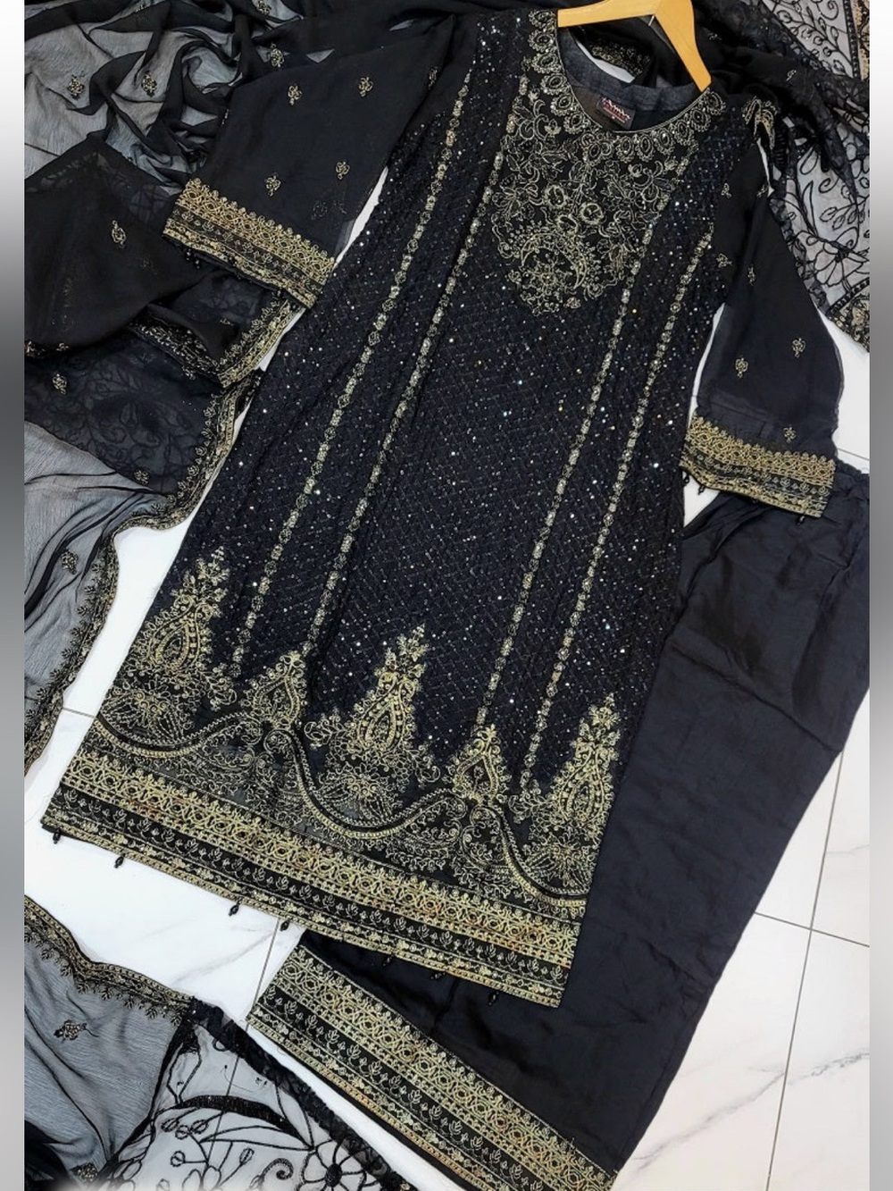Pakistani Indian Elegant Black & Gold Embroidered Women's 3-Piece Shalwar Kameez